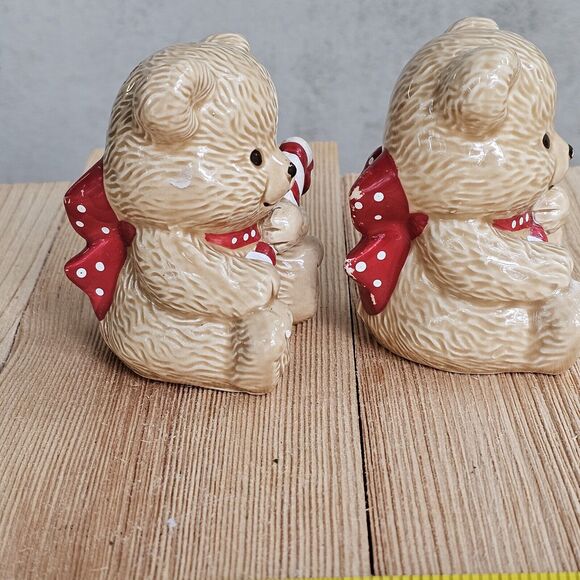 Vintage Ceramic Bear Figurine Set Of Two Holding Candy Canes 3"x 2.5" Minis - Picture 3 of 8